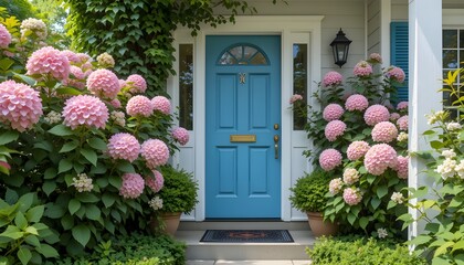 charming blue front door surrounded by pink hydrangeas and greenery.