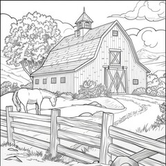 Detailed illustration of a rustic barn and horse.