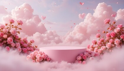 dreamy pastel circular pink podium by blooming pink roses, a soft sky with fluffy clouds. a romantic surreal showcasing product. floral display, flowers around a stage, Valentine’s Day background