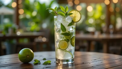 Refreshing mojito cocktail with lime, mint and ice cubes on wooden table in tropical setting
