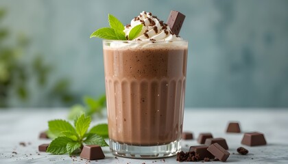 Smooth Chocolate Smoothie with Fresh Mint, Whipped Cream, and Chocolate Cubes in Glass – Clean, Refreshing Drink for Branding and Packaging