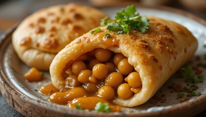 runchy Pani Puri with chickpeas and tamarind chutney dripping down , chickpea, food, chickpea, food

