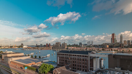 Aerial timelapse view over Maashaven with Katendrecht and Maas River. Netherlands