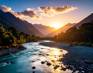 Photorealistic landscape of a New Zealand river at sunset