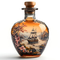 Elegant historical frigate with elaborate painting, meticulously crafted inside a bottle, showcasing intricate details and classic design, isolated on a white background.