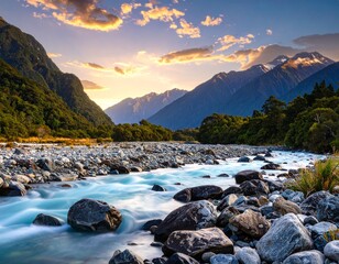 Photorealistic landscape of a New Zealand river at sunset