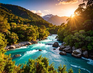 Photorealistic landscape of a New Zealand river at sunset