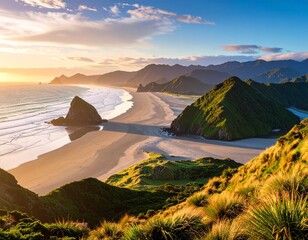Photorealistic landscape of a New Zealand Beach at sunset