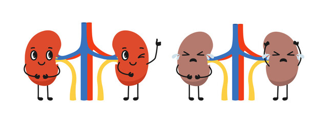 Two kidneys healthy and unhealthy cartoon childish illustration. Happy kidney giving thumbs up and sad sick body organ anatomy character. Check health internal organ care poster, vector comic poster