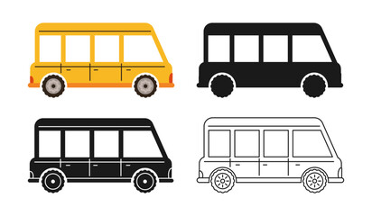 Car minibus for family icon symbol cartoon set. Hand drawn automobile bus in different styles colored silhouette outline collection. Simple children funny auto transport comic icon vector illustration