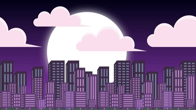 Animation of moving landscape of city view at night with shining moonlight, 2D city animation with parallax effect