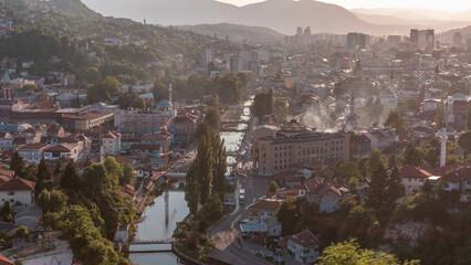 Panoramic aerial cityscape of the historical downtown of Sarajevo timelapse