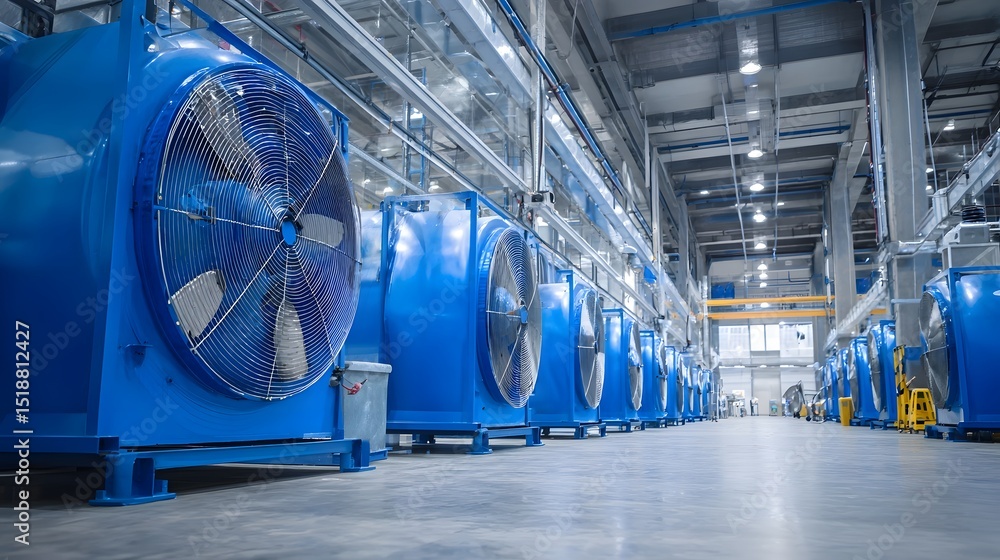 Poster a series of large powerful blue industrial fans lined up in a clean well lit factory warehouse setti