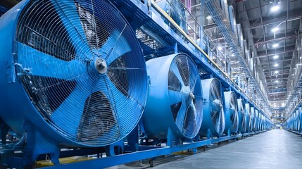 Obraz premium Rows of large powerful blue industrial fans arranged in a clean well lit factory warehouse setting providing efficient cooling and ventilation equipment for the manufacturing environment
