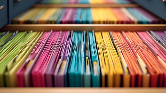 Close up view of a compartmentalized storage system containing a variety of neatly organized and color coded file folders representing bureaucratic and archival record keeping