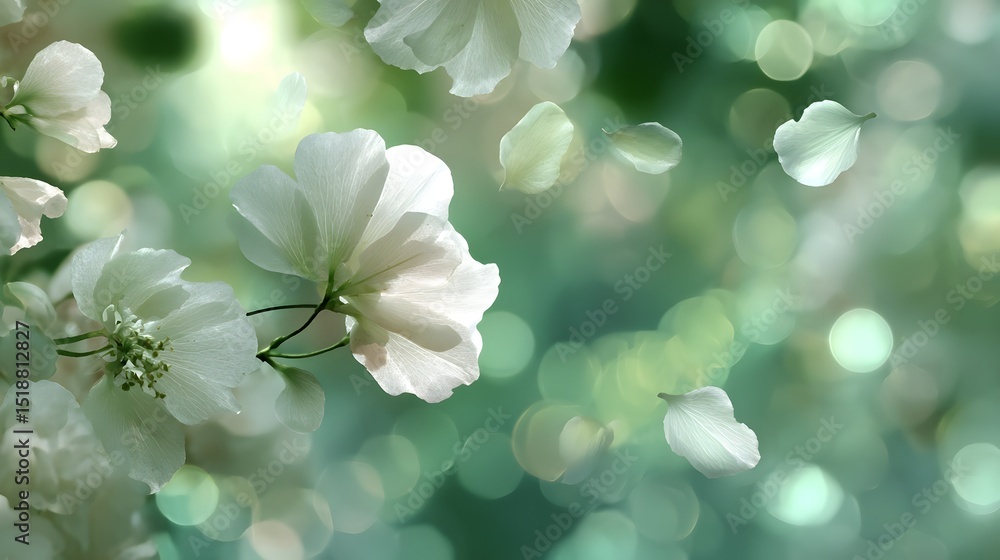Poster ethereal white flowers with delicate petals gently floating in a serene soft green bokeh background 