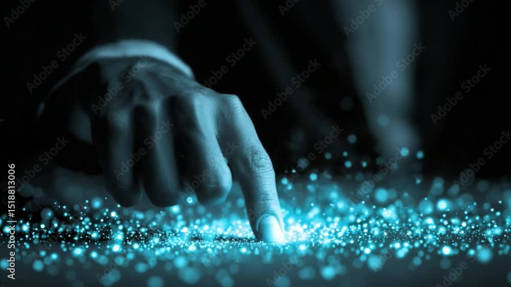 Poster glowing touch of light from a hand in dark space with sparkling particles around it