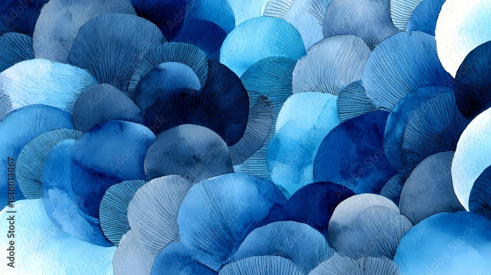 Poster an abstract composition of overlapping soft blue watercolor shapes forming a dynamic wave like patte