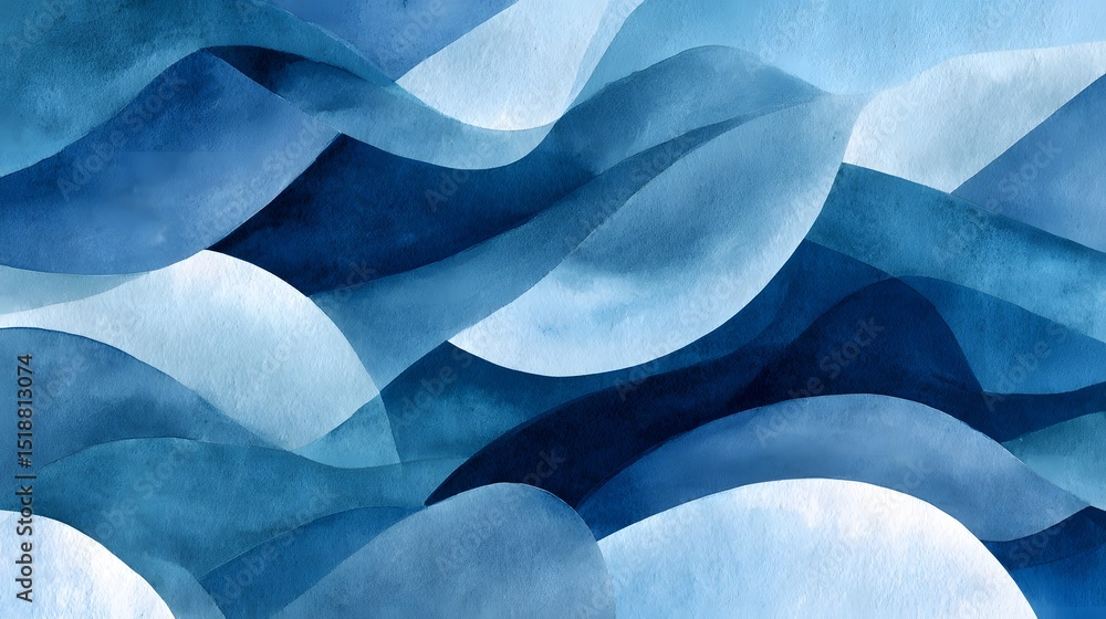 Poster Overlapping abstract blue watercolor shapes in a serene undulating wave like pattern with a sense of soft calming movement and high contrast cool tones