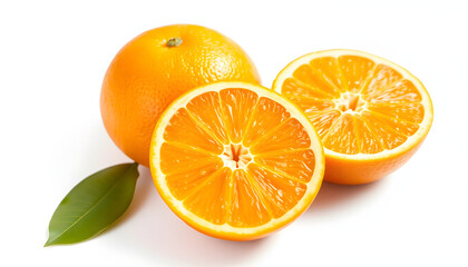 Fototapeta premium Juicy orange citrus fruits with vibrant slices and halves on a clean white or transparent backdrop, enhance. isolated with white highlights