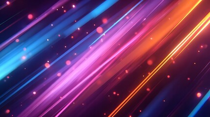 Diagonal neon light beams in pink blue and orange radiate across a vibrant futuristic background with floating particles and a sense of motion and energy