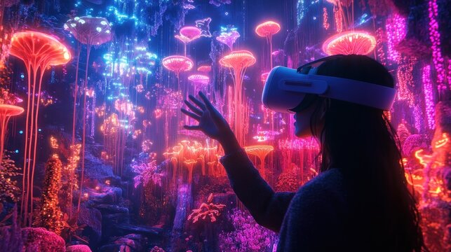a captivating journey through a bioluminescent digital forest with virtual reality showcasing the intersection of technology and nature in a dreamlike realm