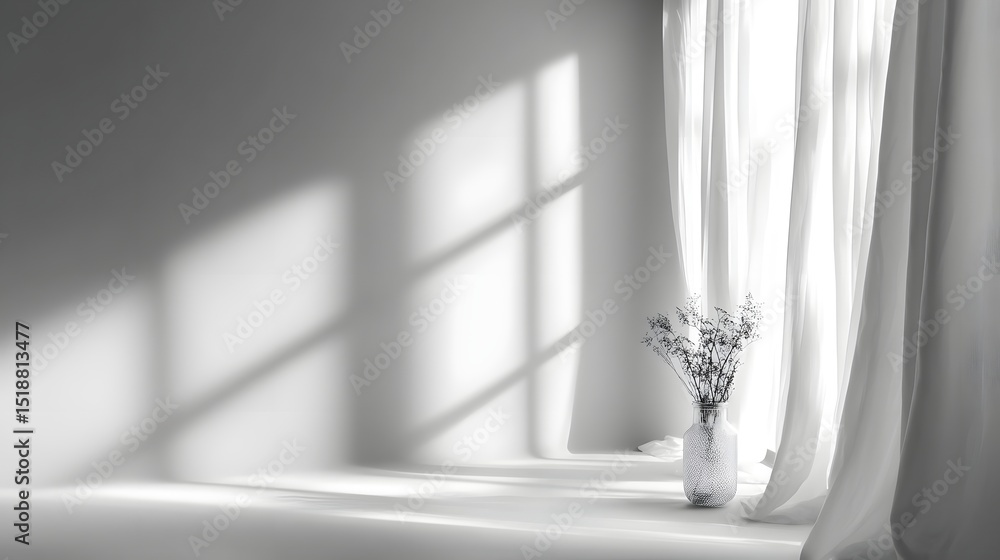 Poster soft diffused window light gently casts a calm ethereal shadow on a clean minimalist white wall crea