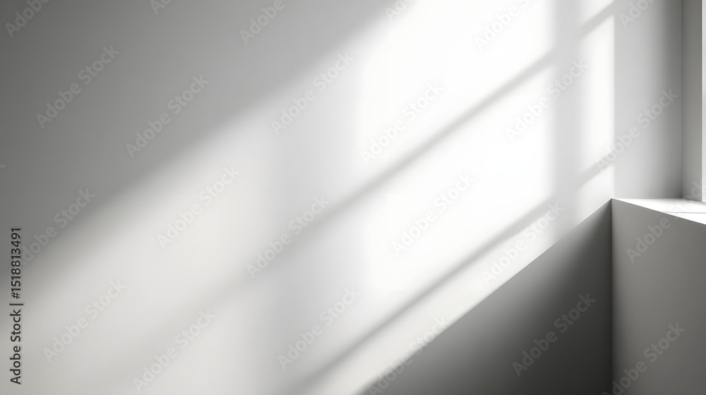 Poster Subtle and calming interior effect with soft window light casting geometric shadows on a plain white wall background creating a minimalist and serene atmosphere