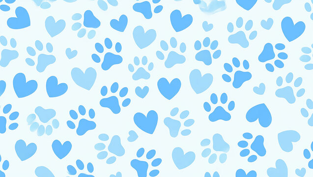 Fototapeta Light blue paw prints and hearts pattern