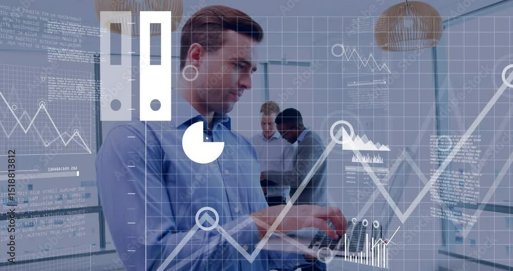 Poster man typing on laptop near office windows and causing cloud icon morphing into business data charts