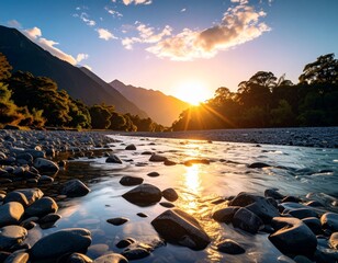 Photorealistic landscape of a New Zealand river at sunset 