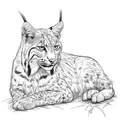 Detailed black and white illustration of a bobcat.