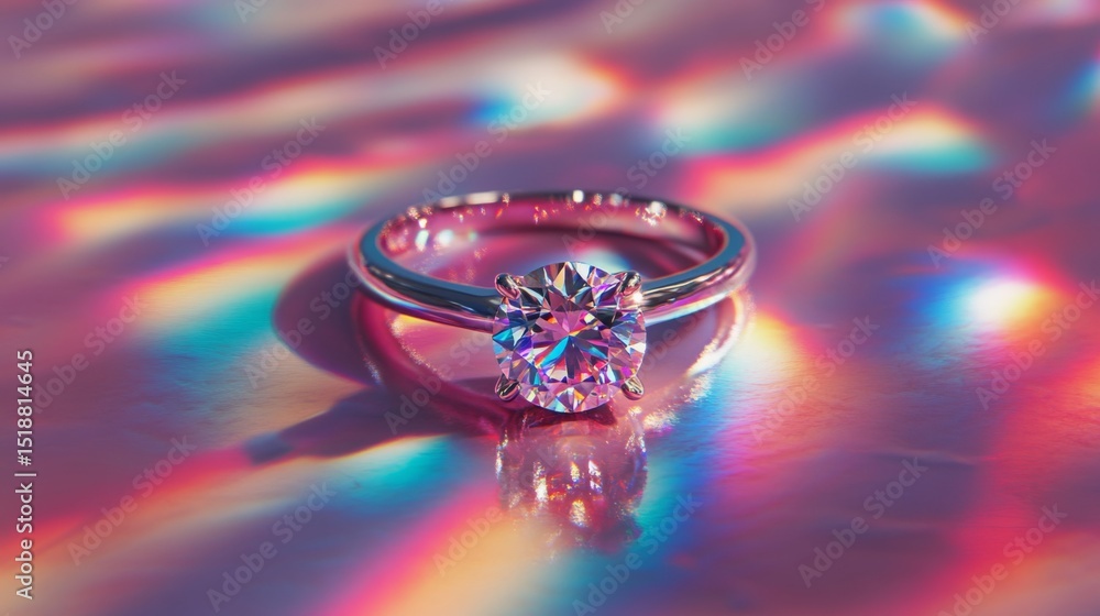 Poster macro shot of a diamond ring on a reflective surface, with light creating rainbow effects