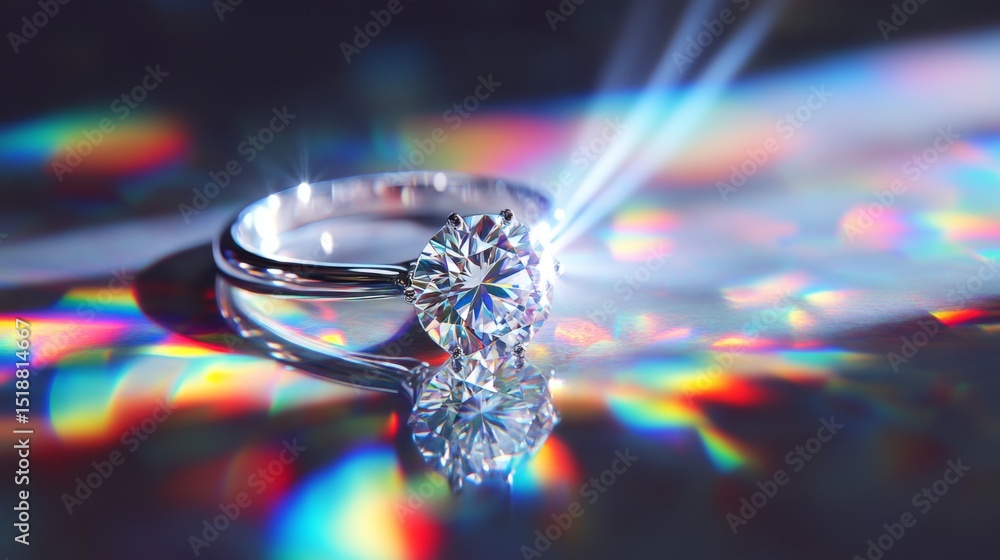 Poster macro shot of a diamond ring on a reflective surface, with light creating rainbow effects