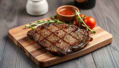 Juicy steak resting on a rustic wooden cutting board, simple style. isolated with white highlights