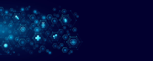 Healthcare icons inside pattern of glowing hexagons for medical research presentation background. Futuristic innovation health care plan concept. Vector illustration
