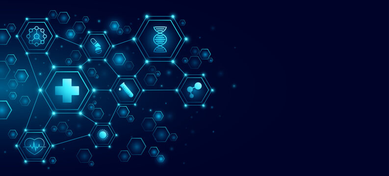 Healthcare icons inside pattern of glowing connected hexagons for medical research presentation background. Scientific innovation health care plan concept. Vector illustration
