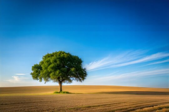 Single tree in golden field under vast blue sky evoking peace tranquility and natural beauty