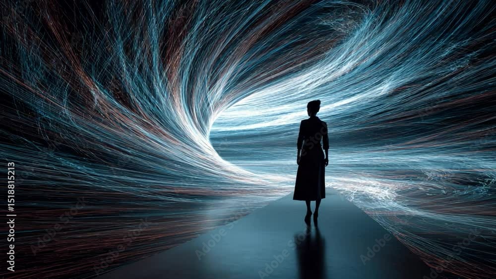 Poster abstract representation of a silhouette in a colorful flow of energy and light rays on a dark backgr