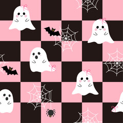 Pink and black seamless cartoon halloween geo pattern. Pink Halloween ghost pumpkin skull bow and checkboard vector in flat style. Vector illustration for fabric wallpaper wrapping.