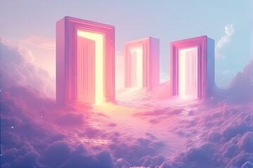 Fototapeta premium Glowing Portals in a Dreamlike Cloudscape Surreal Digital Art