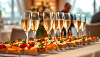 Elegant champagne flutes and gourmet hors d'oeuvres arranged beautifully on a banquet table at a lavish wedding. Premium event catering for upscale celebrations. Sophisticated dining and beverage se