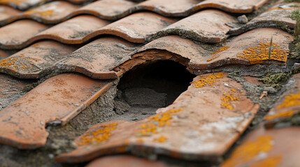 Damaged roof with broken clay tiles and visible hole caused by storm and poor maintenance. Weathered texture showing water leak risk and hazard. Urgent repair needed for residential house safety.

