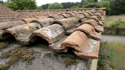 Damaged roof with broken clay tiles and visible hole caused by storm and poor maintenance. Weathered texture showing water leak risk and hazard. Urgent repair needed for residential house safety.

