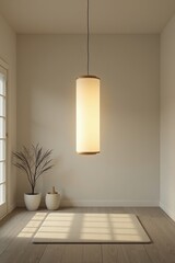 Minimalist room with a cylindrical pendant light, potted plants, and a small rug, creating a calm, modern atmosphere.