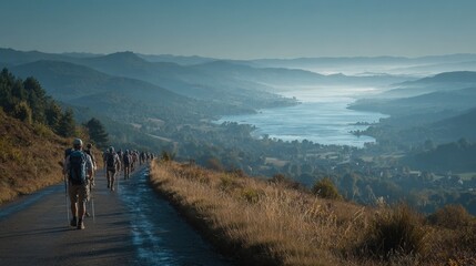 Obraz premium Hikers on a scenic mountain road overlooking a serene lake
