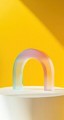 Fototapeta premium Colorful arch sculpture on a white pedestal against a bright yellow backdrop
