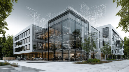 Futuristic architectural design featuring holographic overlays that showcase advanced planning, smart building technology, and innovative urban development concepts in a sleek digital visualization.

