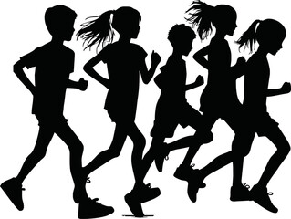 silhouettes of running children vector illustration, group of active kids playing clipart graphic, front view