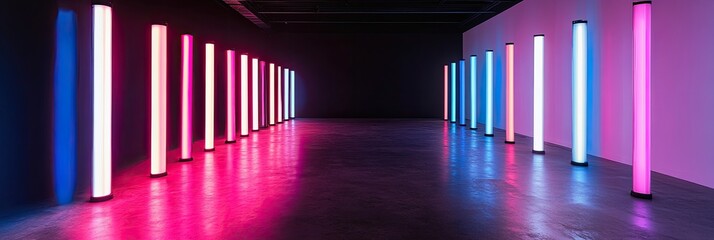 Neon-lit corridor with vibrant, colorful vertical tubes